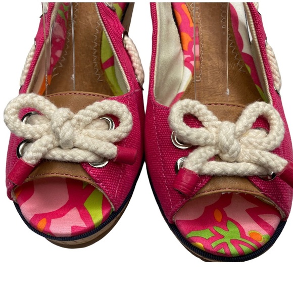 SPERRY Pink & White Cork Top Sider Peep Toe Slingback Bow Tie Wedges, 7.5 - Picture 7 of 10